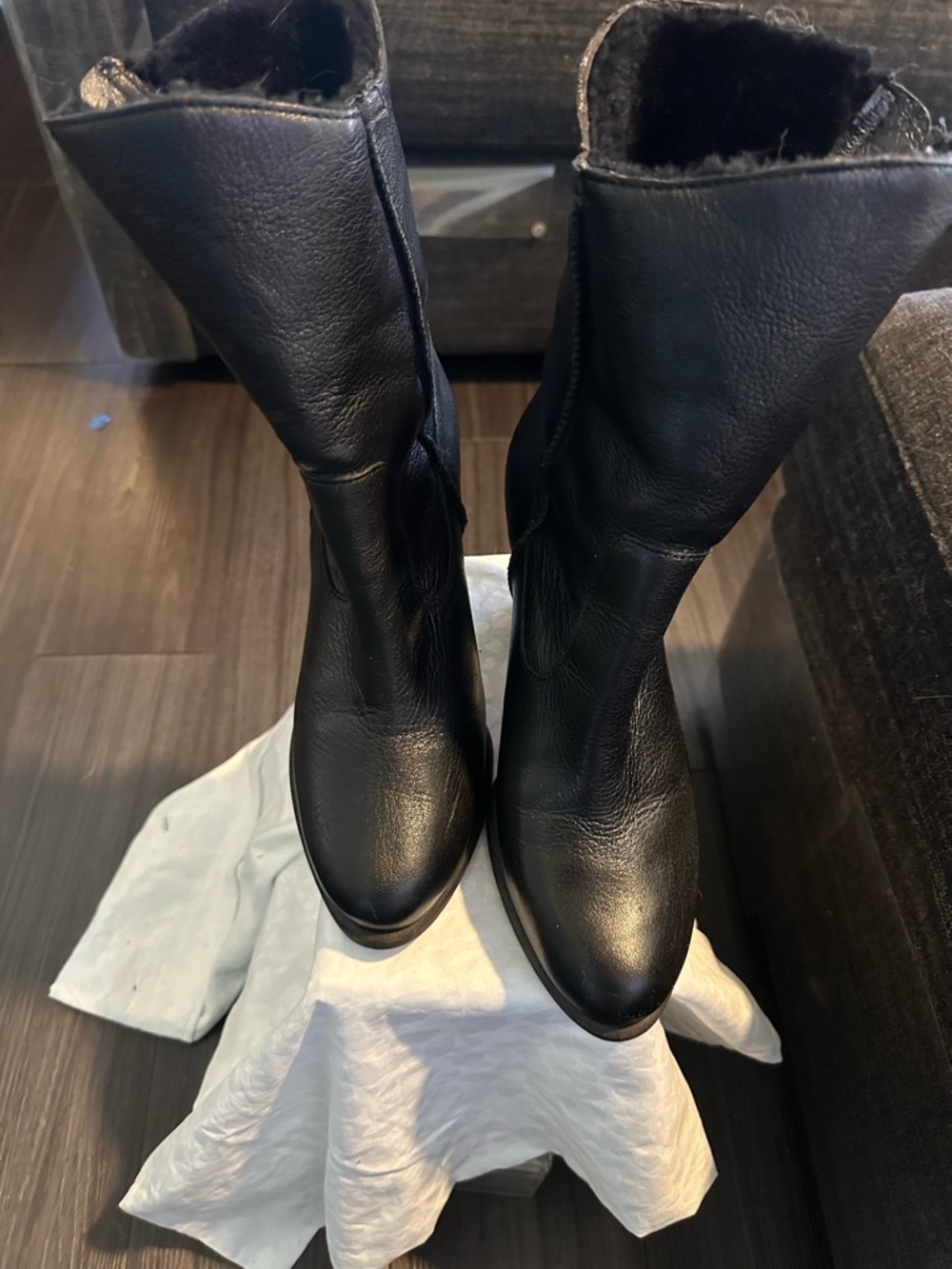 UGG Black Leather Mid-Calf Heeled Boots shearling lined